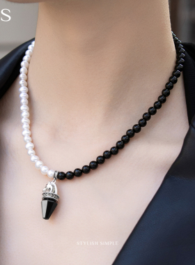 曼古银黑马女士珍珠玛瑙项链