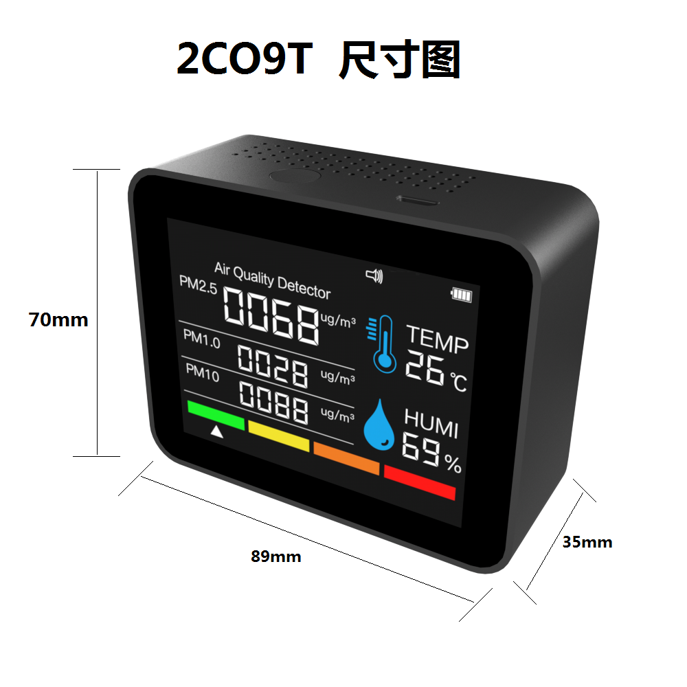 2CO8T，8合1空气质量检测仪PM2.5, CO2,甲醛,温度湿度,粉尘污染物 - 图3