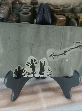 国画草花天然奇石花瓶笔筒四方柱实木底座摆件办公室玄关镇宅石头