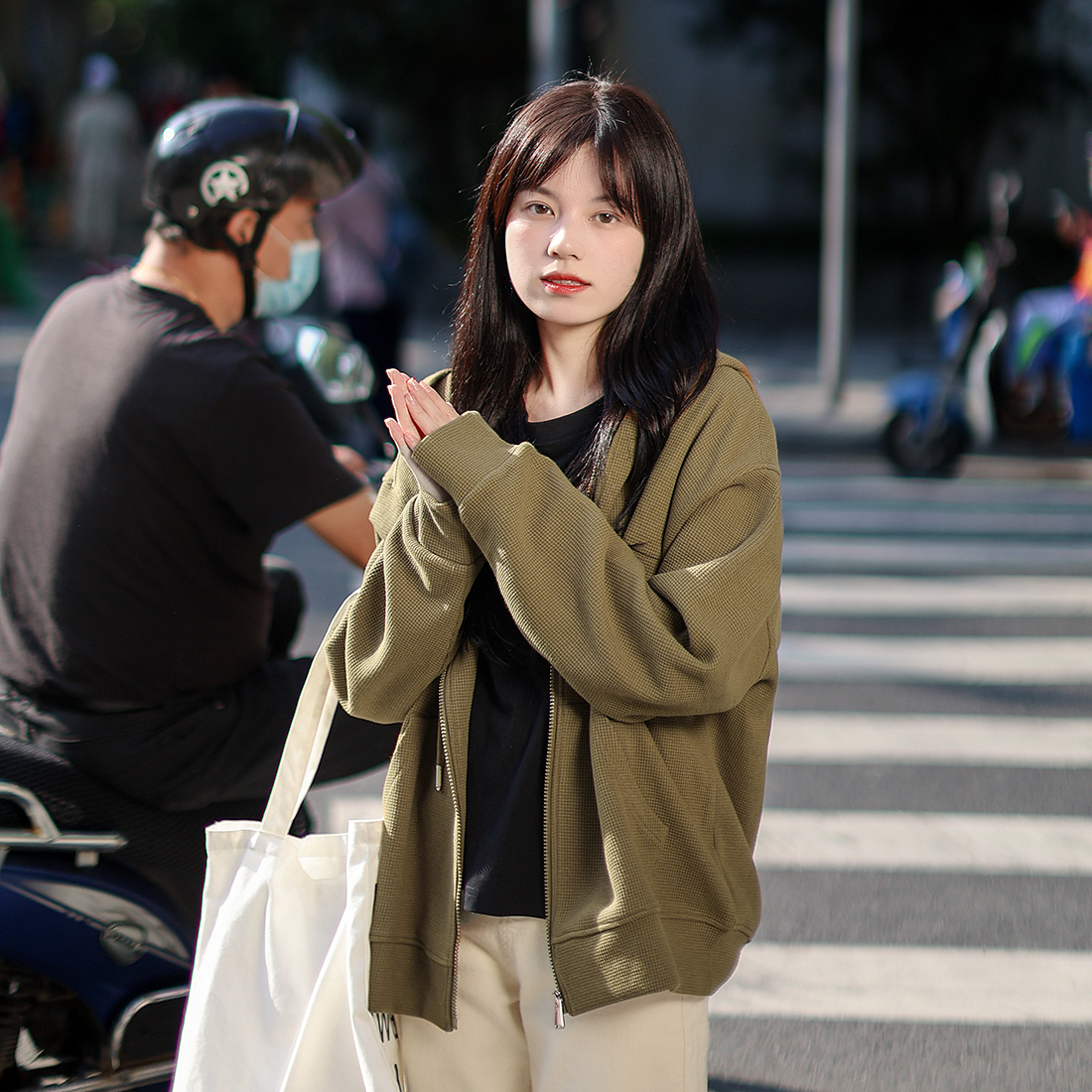 艺野系灰色华夫格拉链连帽卫衣开衫外套女春秋宽松慵懒风日系外衣