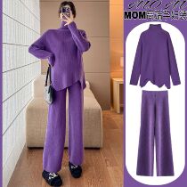 Autumn Winter Pregnant Womens Birth Inspection Suit Superior Temperament Purple Knit High Collar Irregular Sweater Loose Woman Broadlegged Pants