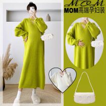 Pregnancy Woman Dress Spring Autumn Suit Green Sweater Long Skirt With Lazy Wind And Straight Drum Skirt V Collar Long Sleeve Knitted Dress