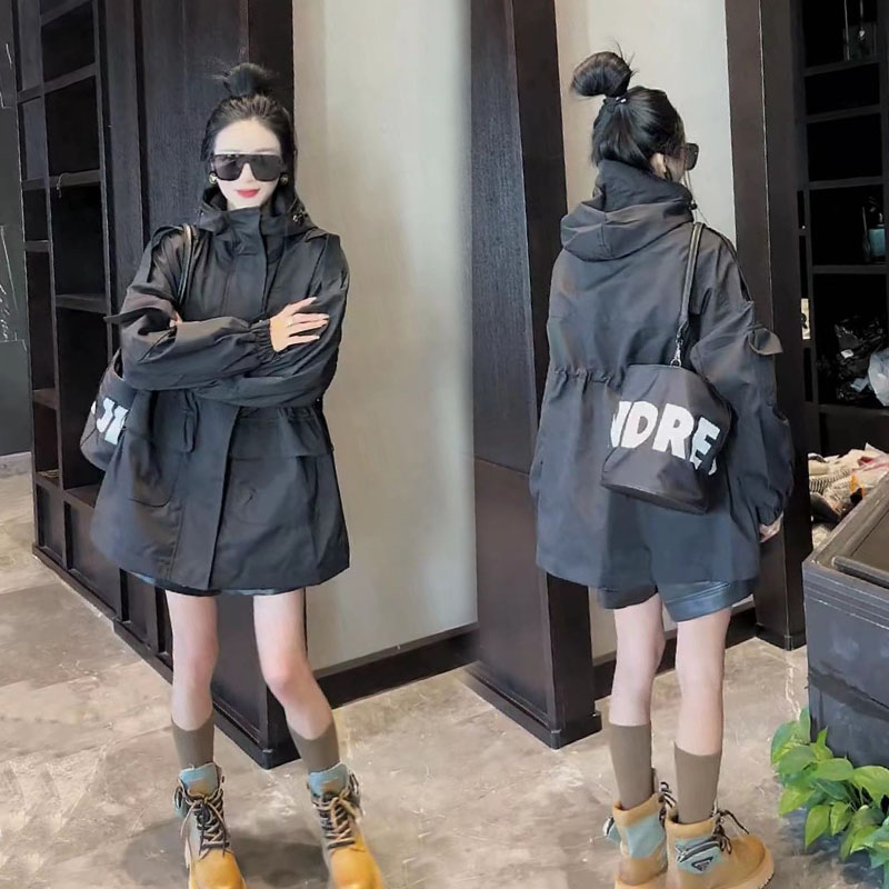 欧货2025春秋季新款韩版时尚休闲连帽工装外套女风衣中长款冲锋衣 - 图1