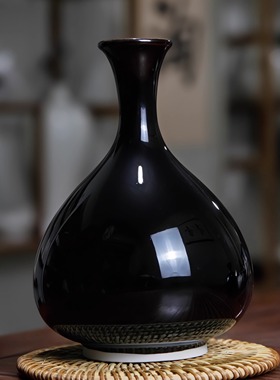 曲阳定瓷家居摆件定窑黑釉花瓶