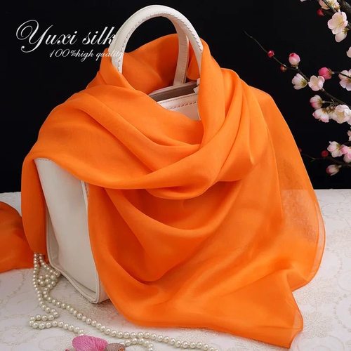 橘黄色爆款纯色围巾女士桑蚕丝巾披肩长款薄款纱巾春秋冬季素色单 - 图1