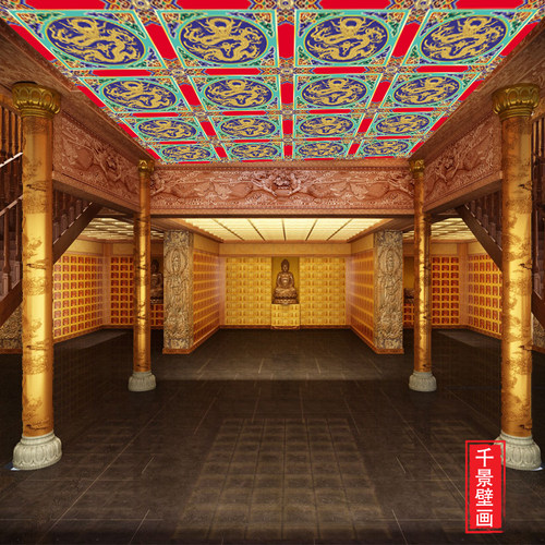 龙图腾横梁彩绘吊顶天花壁纸古建筑墙布彩绘横梁背景墙佛堂壁画 - 图1