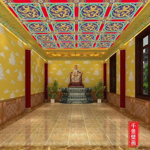 龙图腾横梁彩绘吊顶天花壁纸古建筑墙布彩绘横梁背景墙佛堂壁画 - 图0