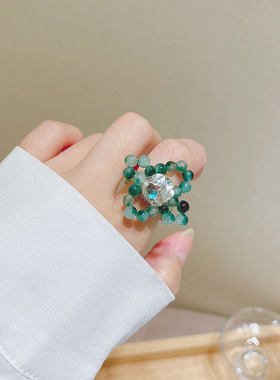 2件包邮 小众设计甜美珍珠花朵镶钻气质复古百搭时尚伸缩戒指女WA