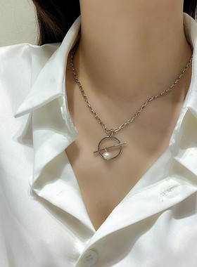 2件包邮 银色链条简约ins风气质精致感圆环珍珠吊坠项链网红女WC
