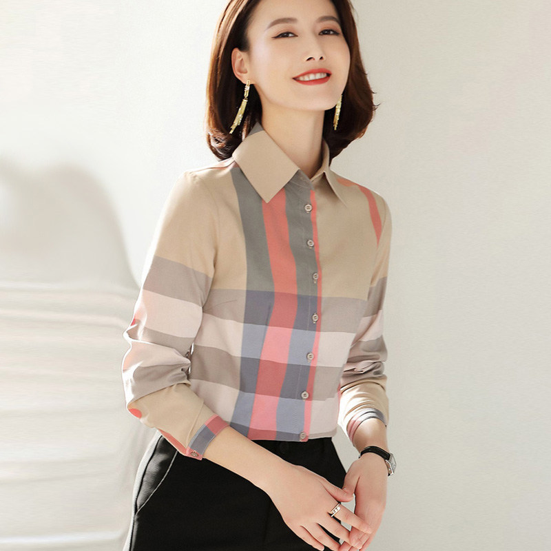 微胖重要场合阔太太洋气高贵气质女士上衣 卡其色英伦风格子衬衫,淘宝优惠券,粉丝福利购,淘宝优惠卷