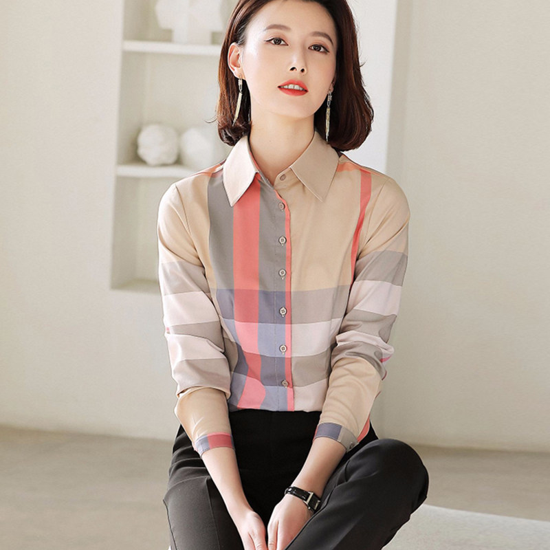 微胖重要场合阔太太洋气高贵气质女士上衣 卡其色英伦风格子衬衫,淘宝优惠券,粉丝福利购,淘宝优惠卷