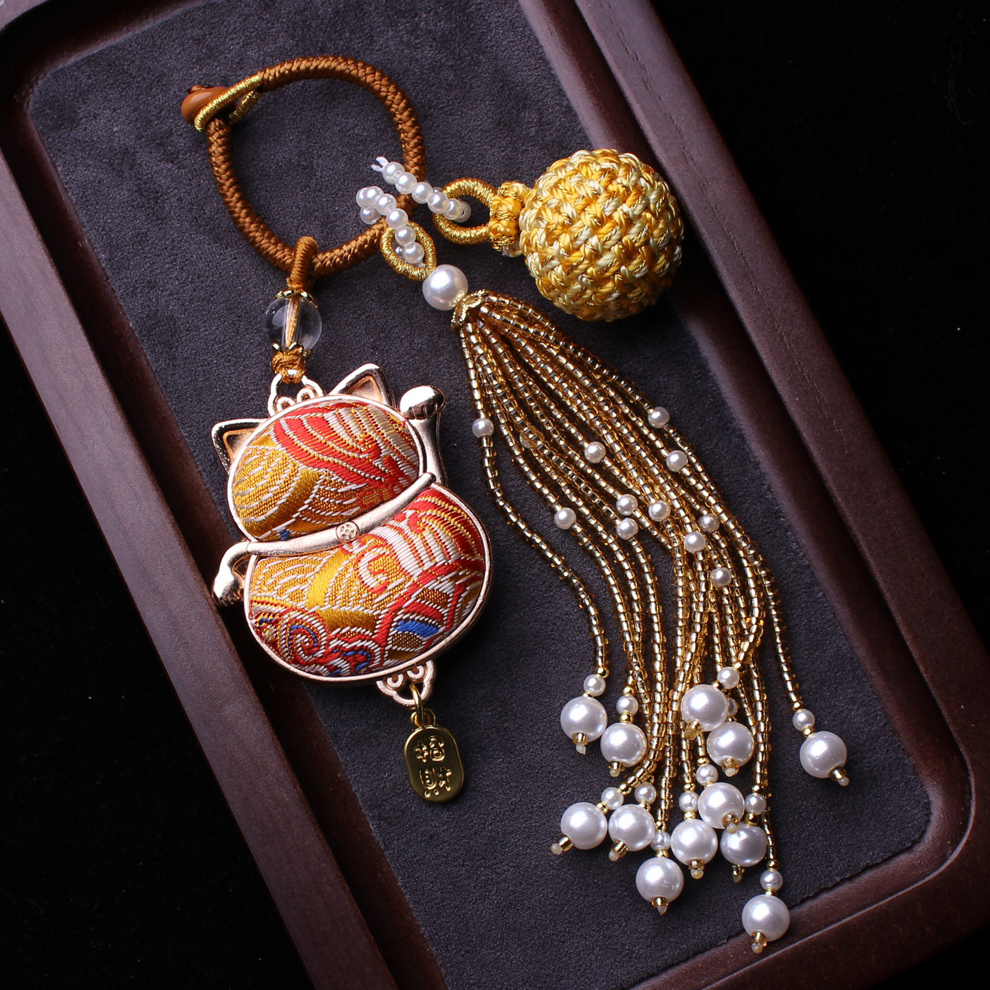 宫廷黄招财猫非遗宋锦包挂件流苏穗子编织有球必应汉服挂饰钥匙坠,淘宝优惠券,粉丝福利购,淘宝优惠卷