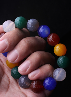 多宝天然玛瑙手链单圈雕刻回纹珠手串男女款把玩件水晶佛珠饰品