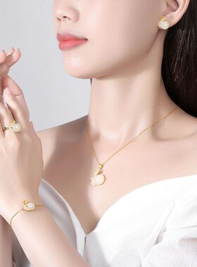 和田玉兔子吊坠S925银镀金可爱玉兔耳钉项链手链戒指仙女饰品套装