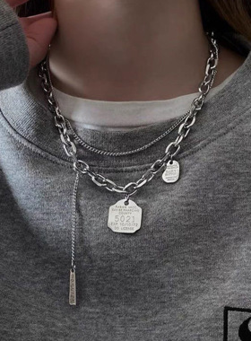 时尚字母数字钛钢吊坠项链女 双层朋克潮牌男女情侣锁骨链毛衣链