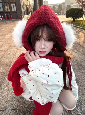 日光欲圣诞新年红色羊羔护耳帽子女款秋冬季显脸小包头可爱雷锋帽