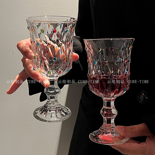 法式复古彩色珠点高脚玻璃杯家用高级感红酒杯香槟酒杯鸡尾酒杯 - 图2