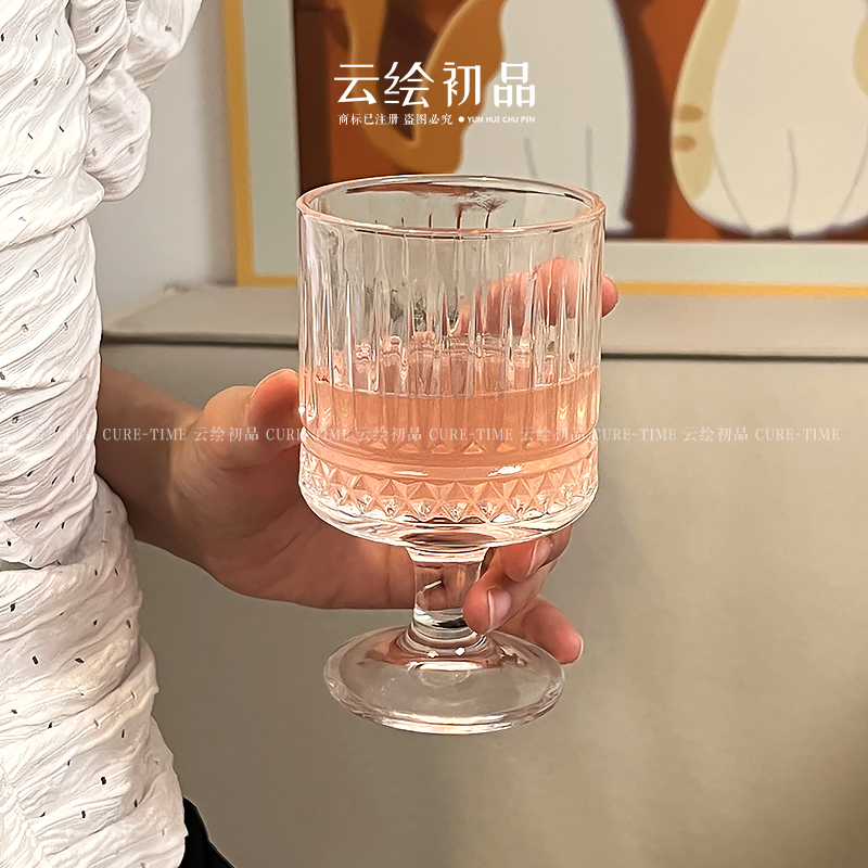 玻璃水杯子小众ins欧式条纹高脚杯复古香槟杯高颜值家用女红酒杯