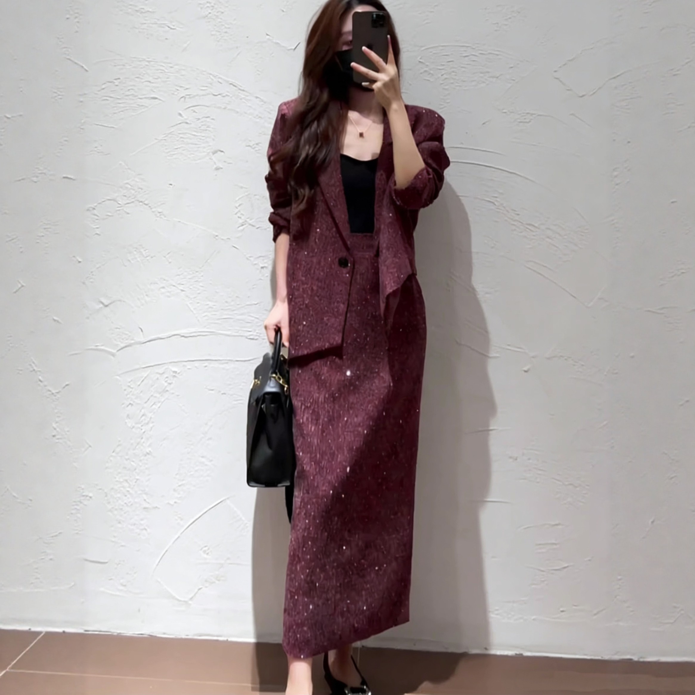 大码西装外套高级感套装胖mm亮闪闪高腰显瘦开叉半身裙两件套装,淘宝优惠券,粉丝福利购,淘宝优惠卷