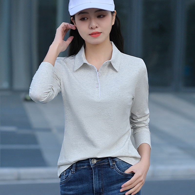 纯棉新款长袖polo衫t桖女宽松翻领品牌logo定制工作服休闲上衣潮 - 图1