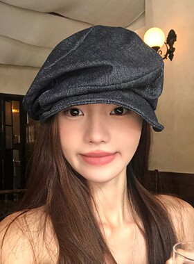 春秋日系复古牛仔文艺帽可爱帽子贝雷帽女显脸小八角帽文艺画家帽