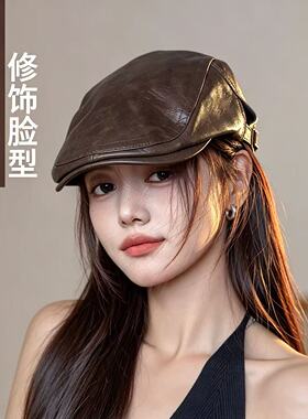 复古做旧PU皮质前进帽女英伦风大头围可调节报童帽通勤百搭画家帽