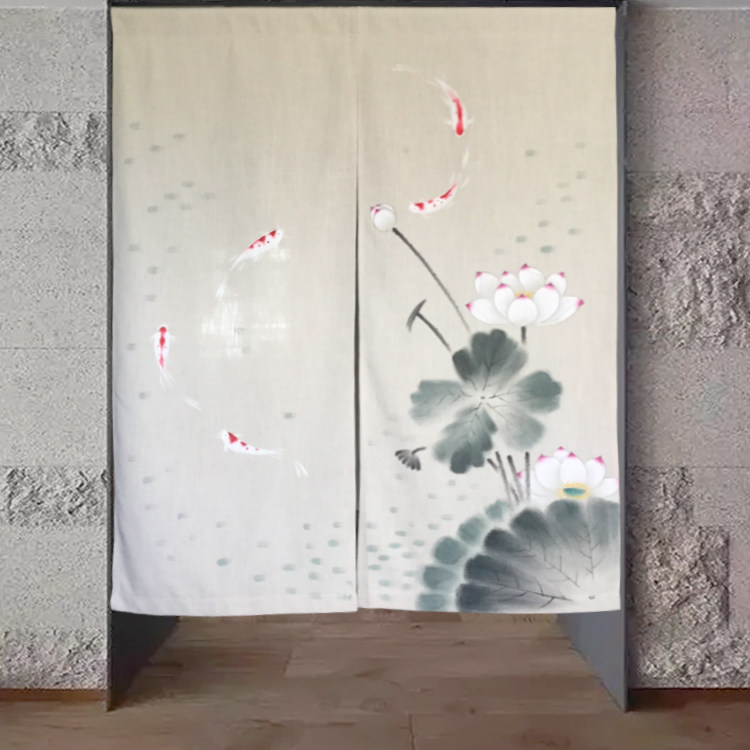 手绘荷花锦鲤门帘装饰金鱼中式复古窗帘布艺家居软饰窗帘遮挡隔帘,淘宝优惠券,粉丝福利购,淘宝优惠卷