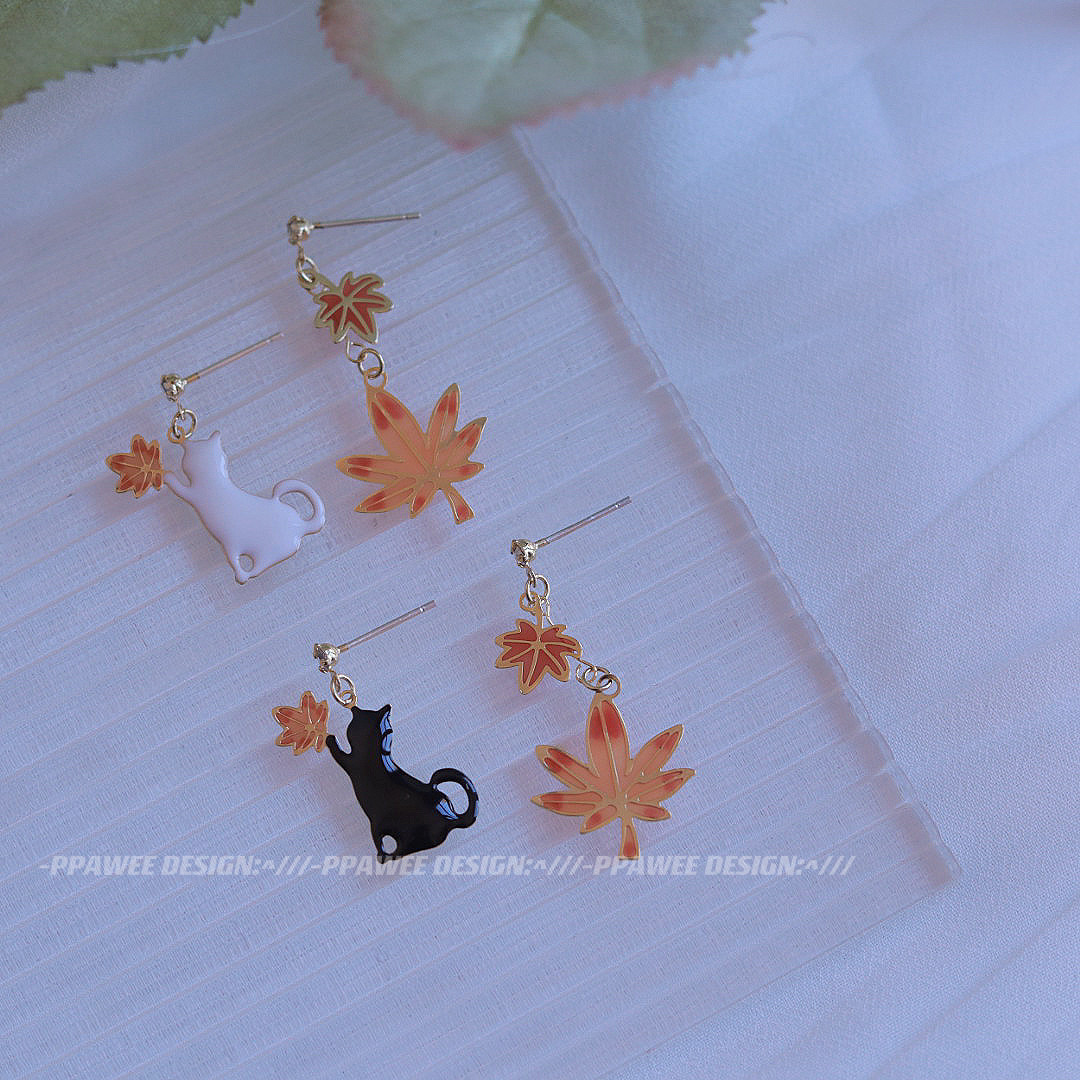 日系枫叶超仙耳饰秋冬不对称枫原万叶耳环猫咪耳钉银耳夹女无耳洞,淘宝优惠券,粉丝福利购,淘宝优惠卷