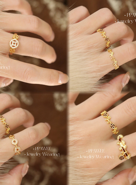 马上有钱|红色本命年中古锆石戒指女开口可调节新年金色铜钱指环