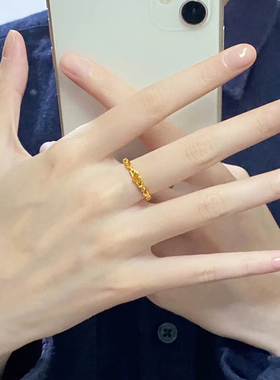 复古镂空几何链条爱心戒指女新款ins风18k金色食指戒不掉色饰品