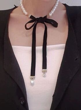 珍珠蝴蝶结黑色丝绒耳钉耳环项链