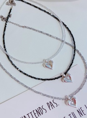 银色爱心水晶黑色串珠项链锁骨链