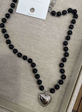 黑色串珠爱心小众高级项链锁骨链