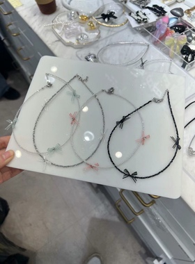 水晶串珠欧根纱蝴蝶结项链锁骨链