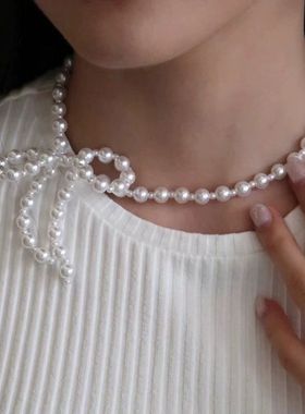 串珠蝴蝶结夸张项链锁骨链耳环