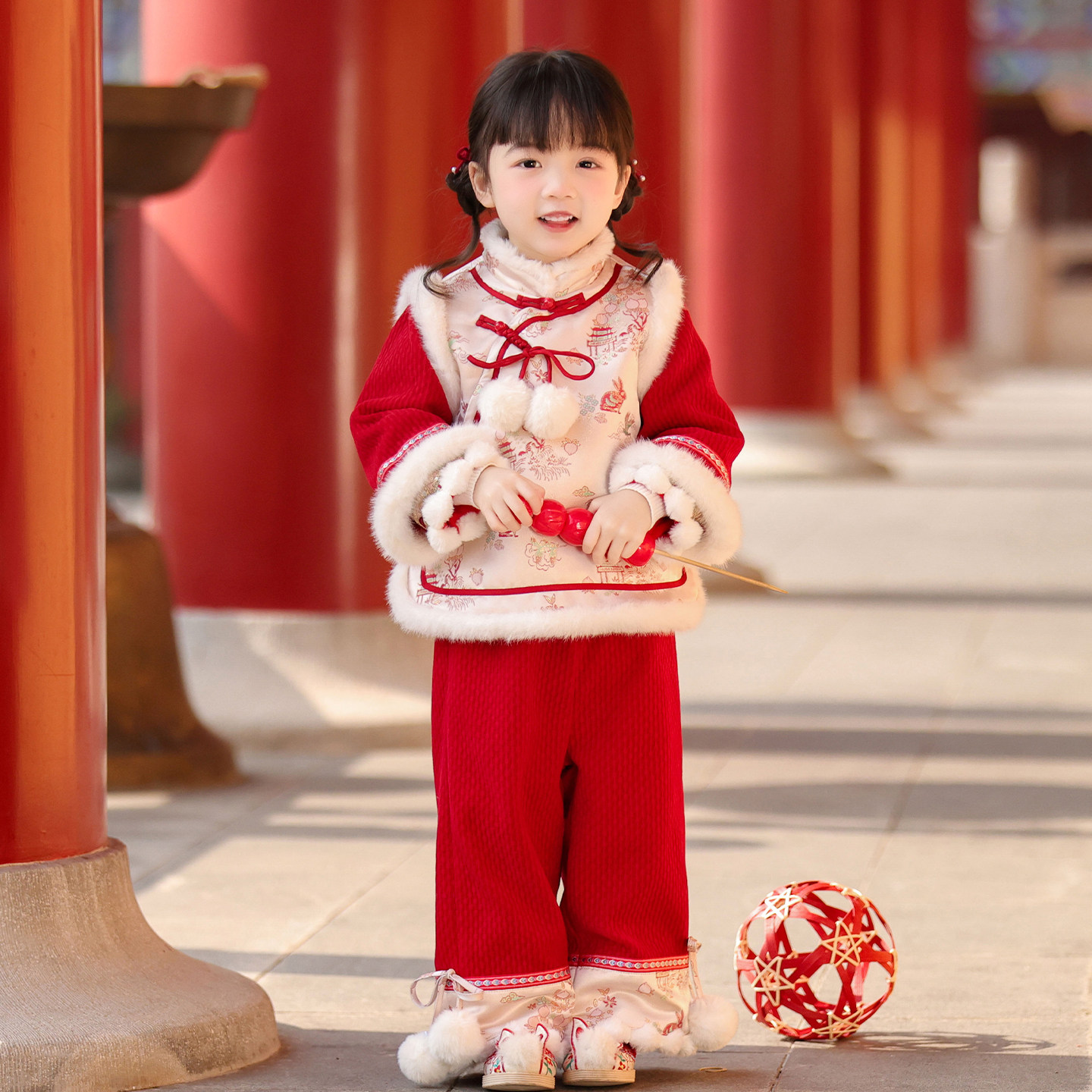 汉服女童2025冬款儿童新中式国风仙气红色加绒裤子喜庆拜年服套装,淘宝优惠券,粉丝福利购,淘宝优惠卷