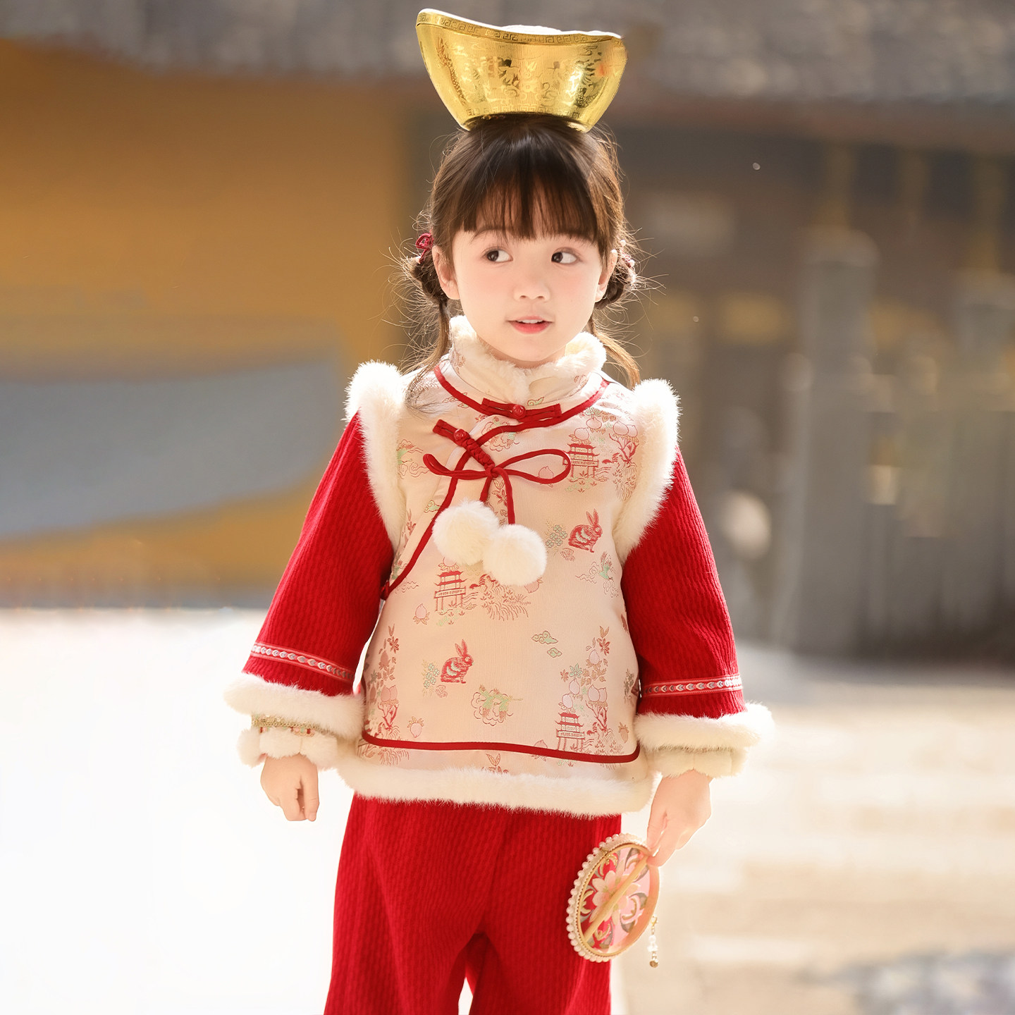 汉服女童2025冬款儿童新中式国风仙气红色加绒裤子喜庆拜年服套装,淘宝优惠券,粉丝福利购,淘宝优惠卷