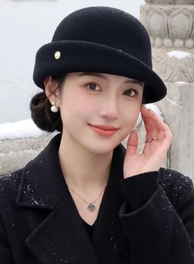 法式名媛风卷边渔夫帽羊毛呢帽子