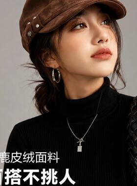 复古麂皮绒大头围平顶鸭舌帽