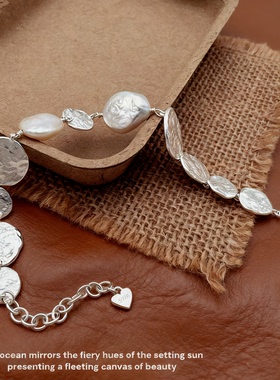 韩版S925银不规则珍珠拼接熔岩肌理纹圆牌手链几何形雾面手饰