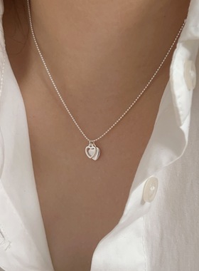 通体S925银心形双吊坠项链