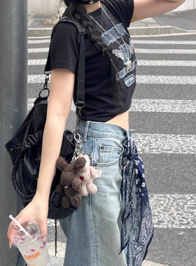 韩系藏青色腰果花丝巾腰带女新款叠穿牛仔裤丝带配饰辣妹腰封装饰