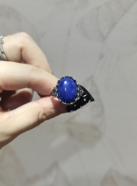 2026新品轻奢复古做旧大颗粒青金石显白百搭半银托开口可调节戒指