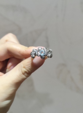 2025新品繁花款钛钢托纯天然海蓝宝指环开口可调节戒指饰品