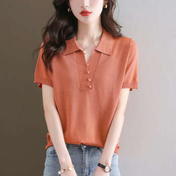 New Tencel sweater ແມ່ຍິງສັ້ນແຂນສັ້ນ T-shirt summer top loose lapel polo shirt mom fashionable summer dress ບາງ