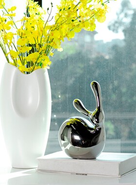 电镀白银色陶瓷兔子摆件工艺品 欧式客厅样板房电视柜现代装饰品