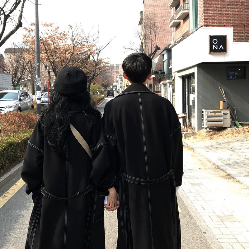 情侣装风衣翻领外套男女同款宽松黑色显瘦 超火秋长款过膝 ins chic 情侣装风衣翻领外套男女同款宽松黑色显瘦 超火秋长款过膝 ins chic