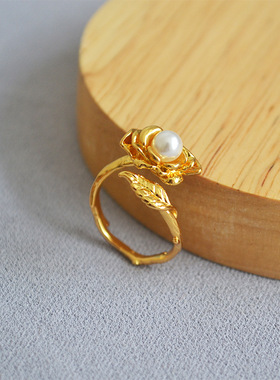 小众设计复古玫瑰花朵树叶镶嵌珍珠开口简约时尚戒指食指戒