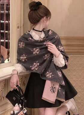 冬季新款鸢尾花加厚仿羊绒围巾女