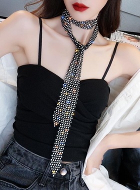 欧美时尚多排水钻choker项链气质闪钻毛衣链颈链冷淡风锁骨链领带